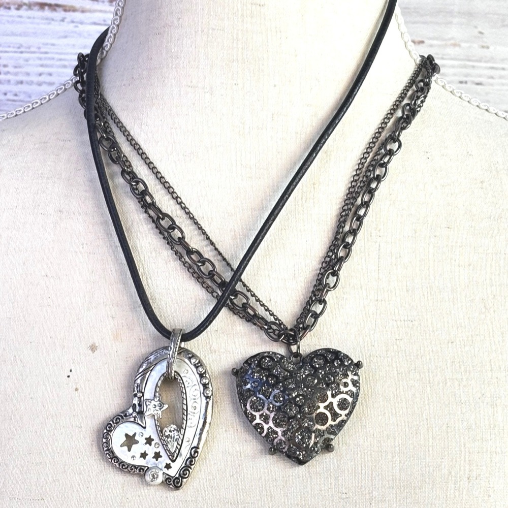 Vintage Heart Necklaces Silver Black Metal Crystal Y2K Grunge Celestial Goth - Picture 6 of 16